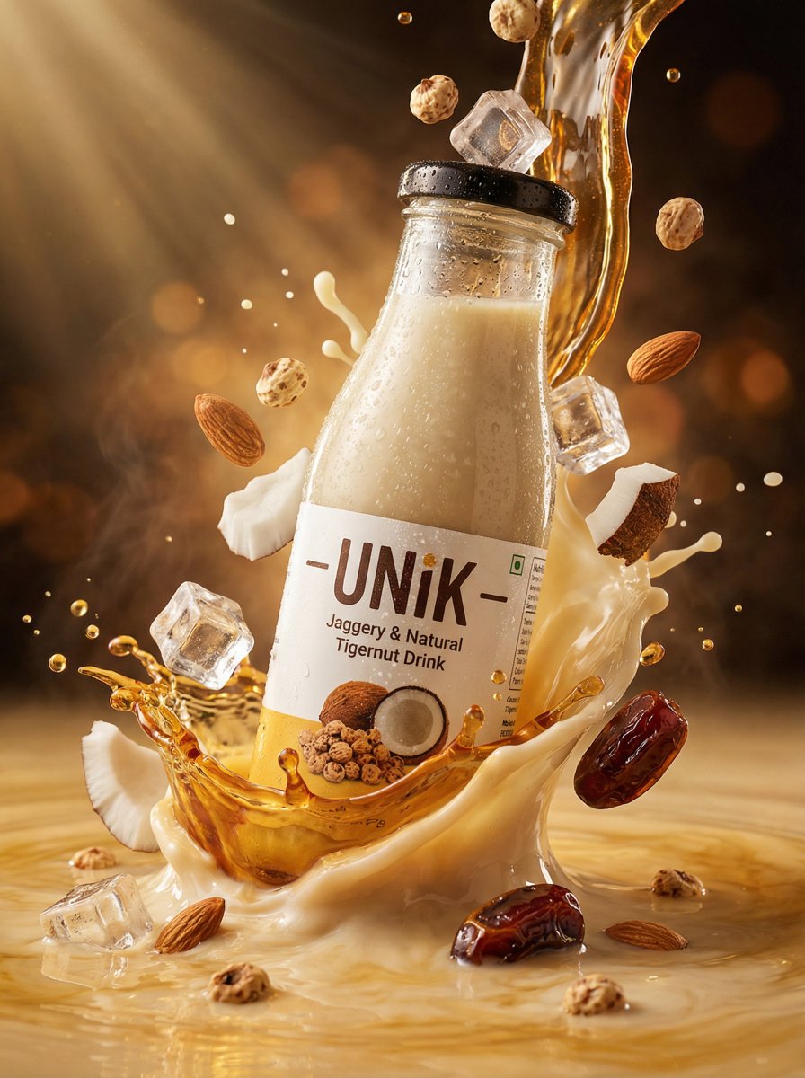 Ultra-realistic advertisement of a chilled UNIK jaggery and natural tigernut drink bottle surrounded by natural ingredients, milk splash effects, and a modern fitness studio background. Thumbnail 3