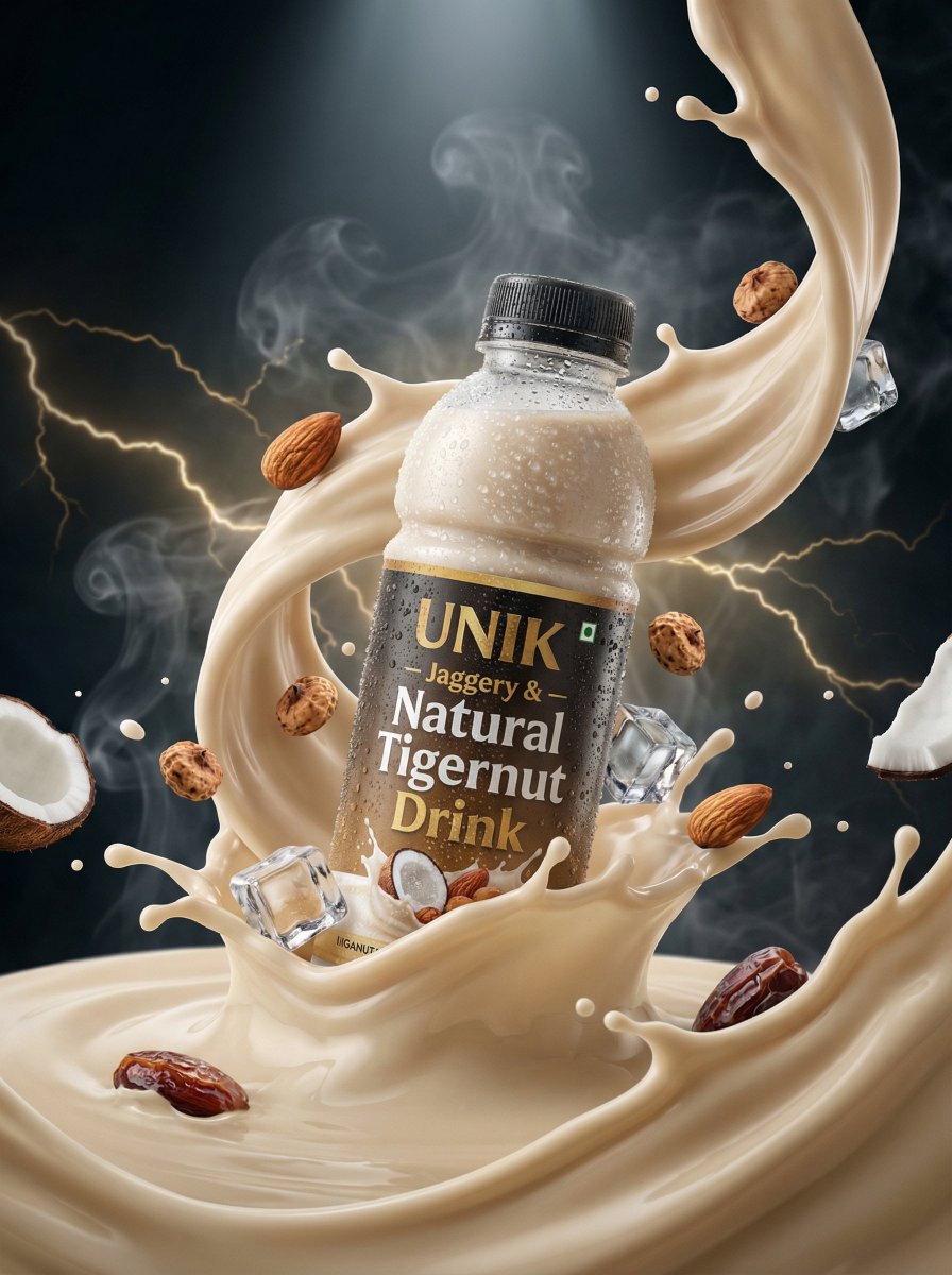 Ultra-realistic advertisement of a chilled UNIK jaggery and natural tigernut drink bottle surrounded by natural ingredients, milk splash effects, and a modern fitness studio background. Thumbnail 4