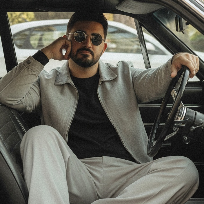 Hyper-realistic cinematic portrait of a stylish man sitting in the driver’s seat of a car wearing neutral-toned fashion and dark round sunglasses with soft daylight and vintage atmosphere.
