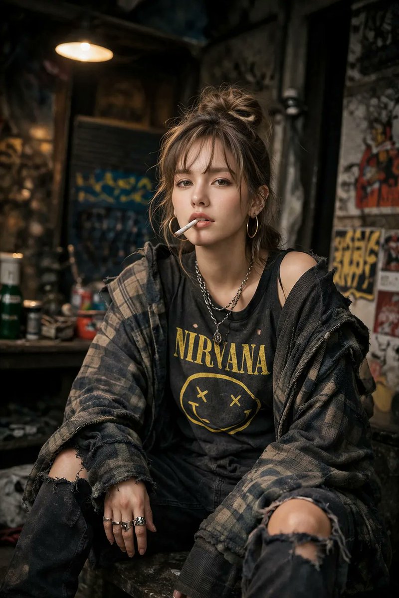 High-detail cinematic portrait of a defiant woman wearing oversized grunge clothing in a dimly lit urban environment with gritty atmosphere and sharp eye focus.