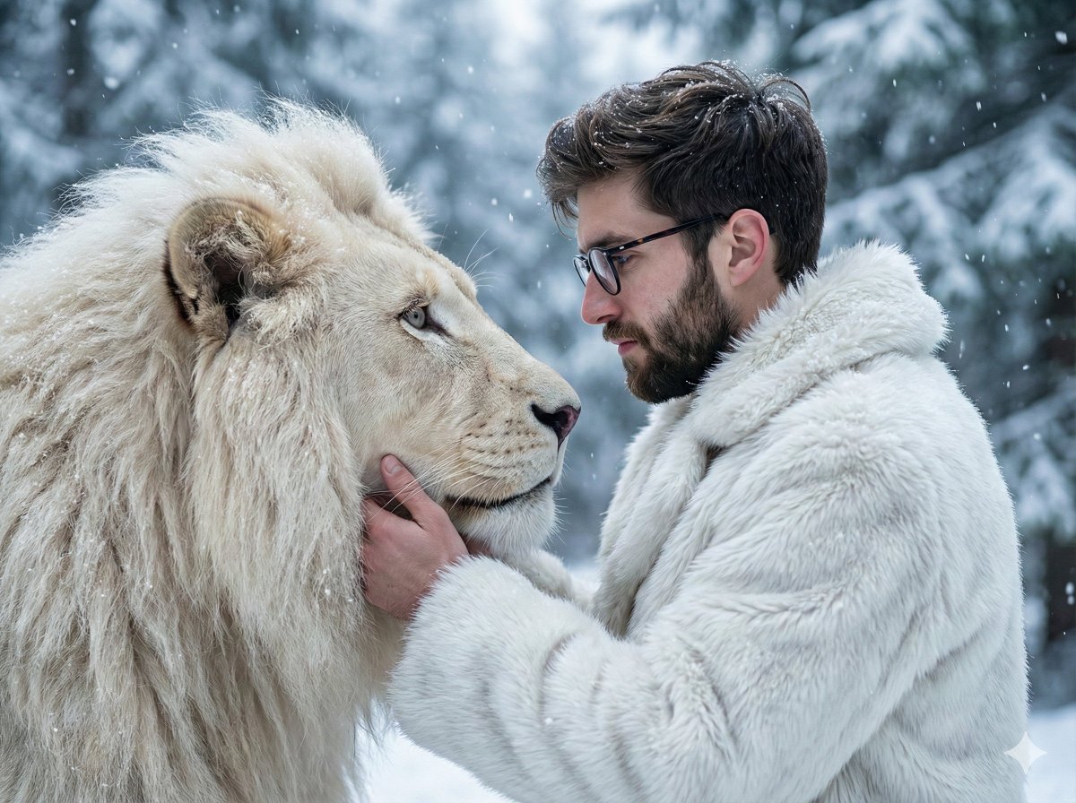 Cinematic ultra-realistic portrait of a man touching a white lion’s face in a snowy forest with soft snowfall and dramatic natural lighting. Thumbnail 2