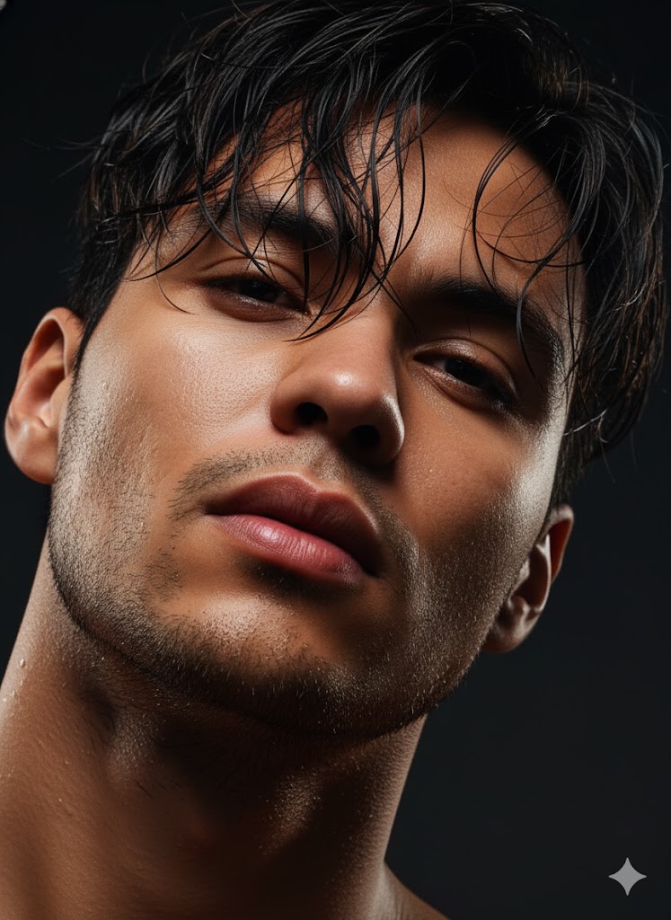 Hyper-realistic editorial close-up portrait of a male model with wet hair, dramatic low-angle lighting, and dark studio background emphasizing facial structure and skin texture.