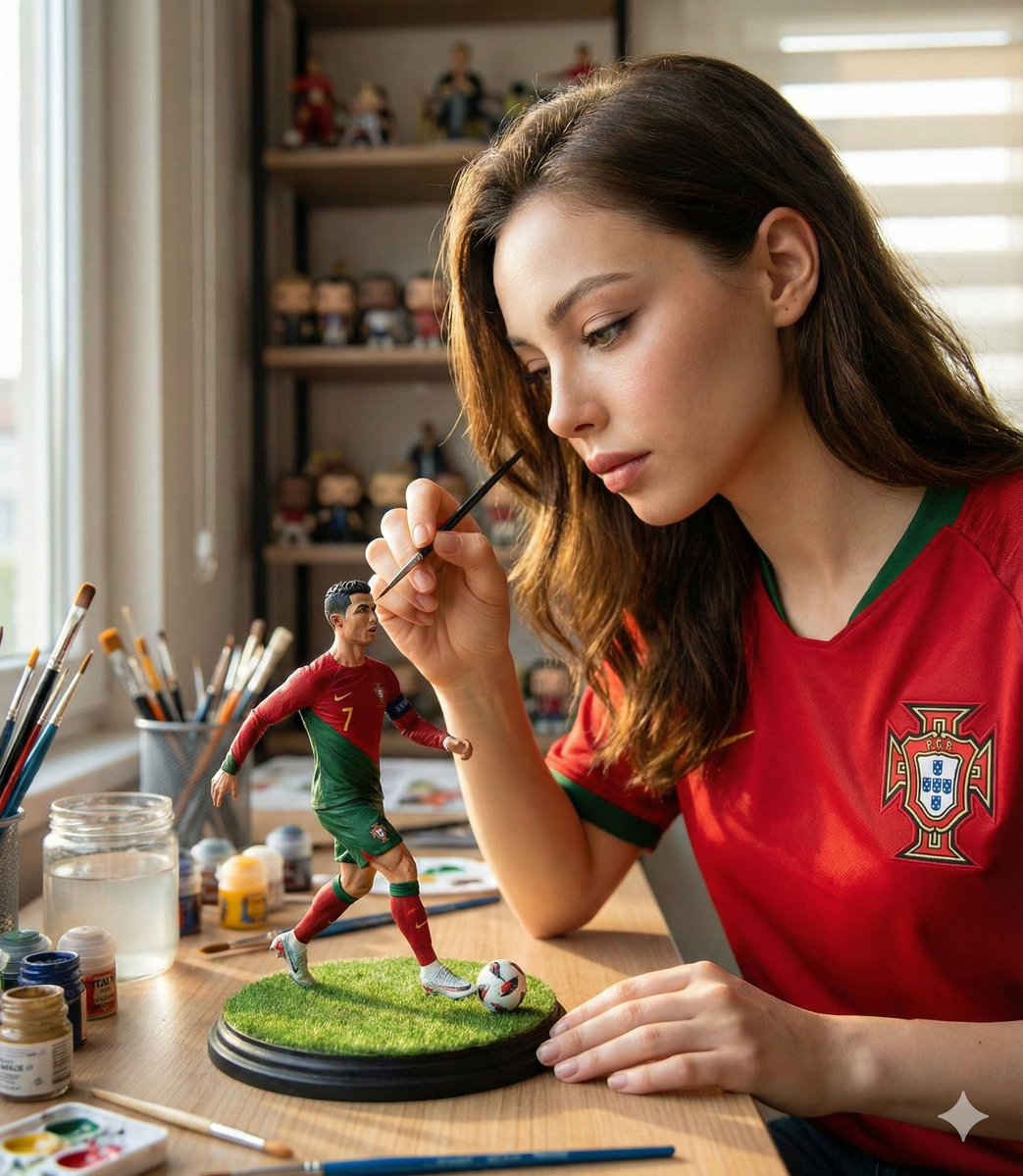 Hyper-realistic cinematic scene of a woman painting a miniature Cristiano Ronaldo football figurine on a desk with soft window light and shallow depth of field.