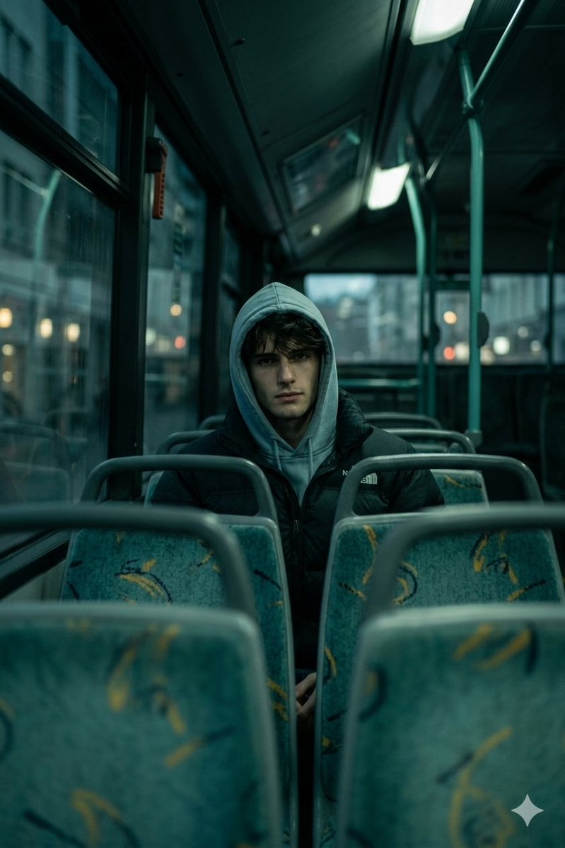 Cinematic low-angle bus interior portrait of a hooded man looking back with an intense gaze under cool desaturated lighting and moody urban atmosphere.