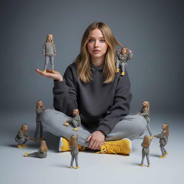 Surreal cinematic image of a woman surrounded by miniature versions of herself in a minimal gray studio with soft lighting and realistic shadows.