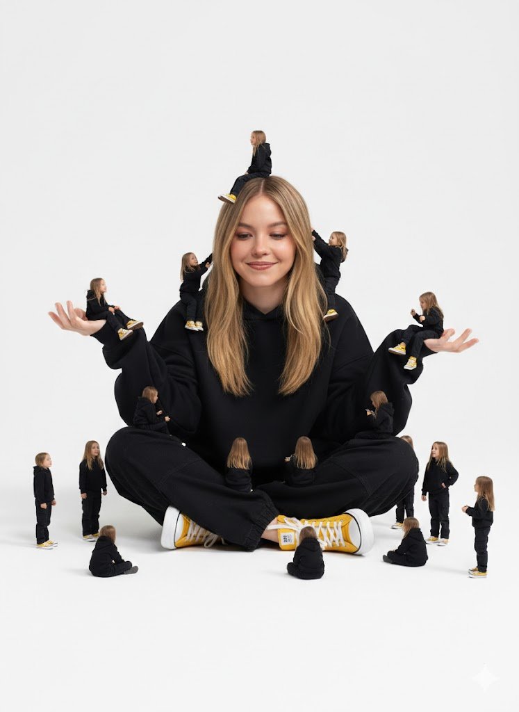 Surreal cinematic image of a woman surrounded by miniature versions of herself in a minimal gray studio with soft lighting and realistic shadows. Thumbnail 2