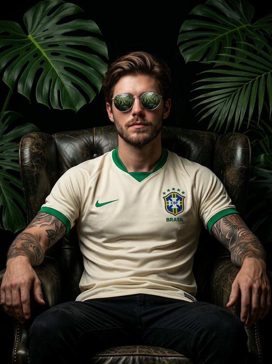 Cinematic portrait of a football player sitting in a dark armchair surrounded by jungle leaves with dramatic lighting and luxury sports editorial style.