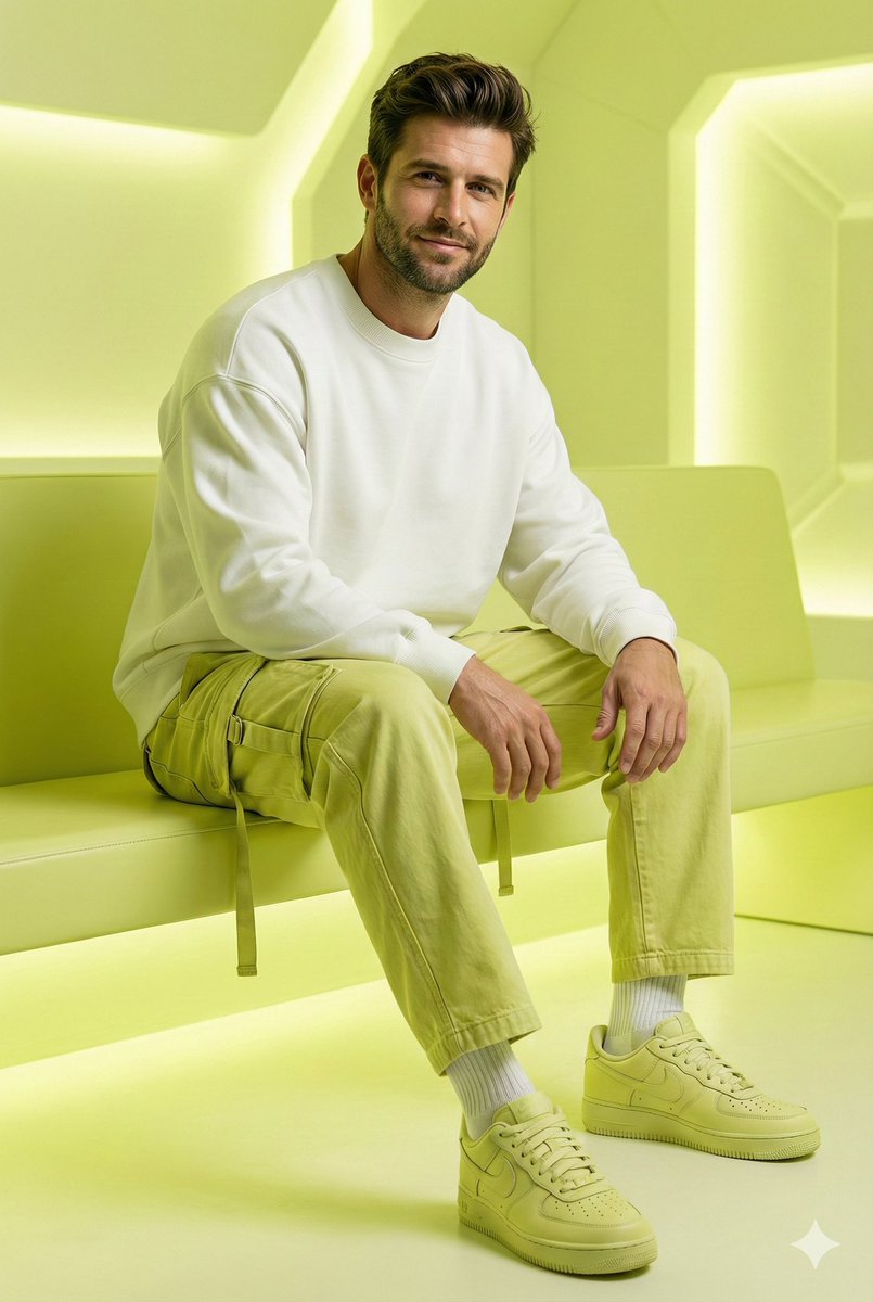 Futuristic lemon-green studio fashion portrait of a seated young man wearing oversized streetwear with soft cinematic lighting and clean monochrome aesthetic.