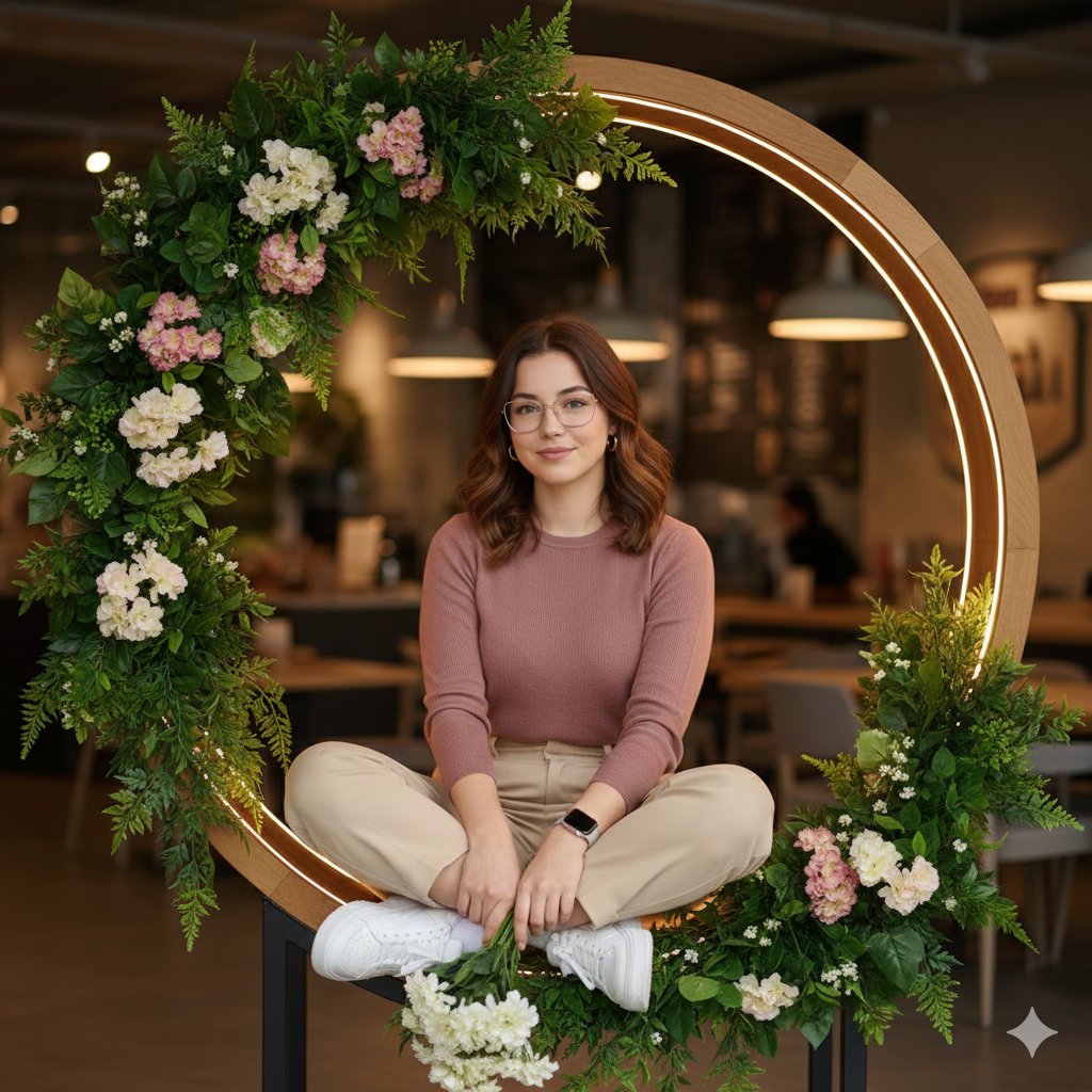 Ultra-realistic lifestyle café portrait of a seated adult subject inside a circular LED-lit wooden frame with soft natural lighting and floral decor.