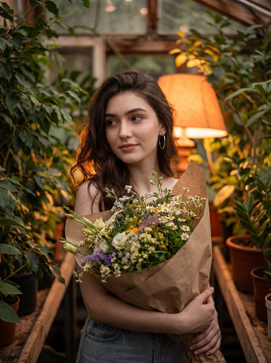 Warm atmospheric portrait of a youthful girl holding a bouquet of flowers surrounded by plants under soft orange lamp lighting.