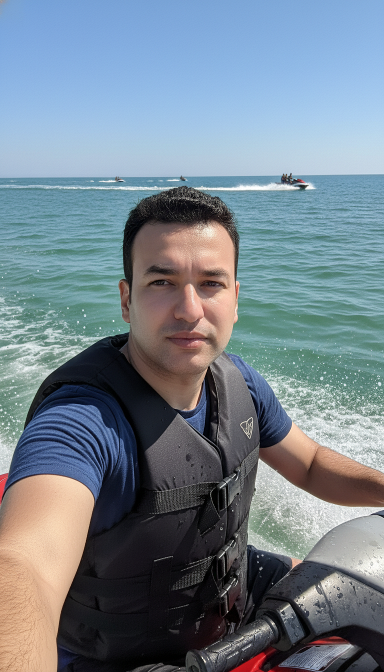 Photorealistic selfie of a man riding a jet ski on the ocean under bright sunlight with natural waves and adventure atmosphere.