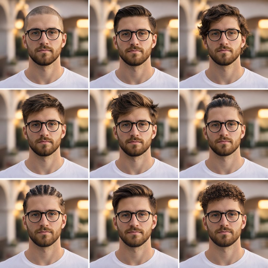 3x3 collage portrait of the same young man featuring nine different modern hairstyles with clean editorial photography style.