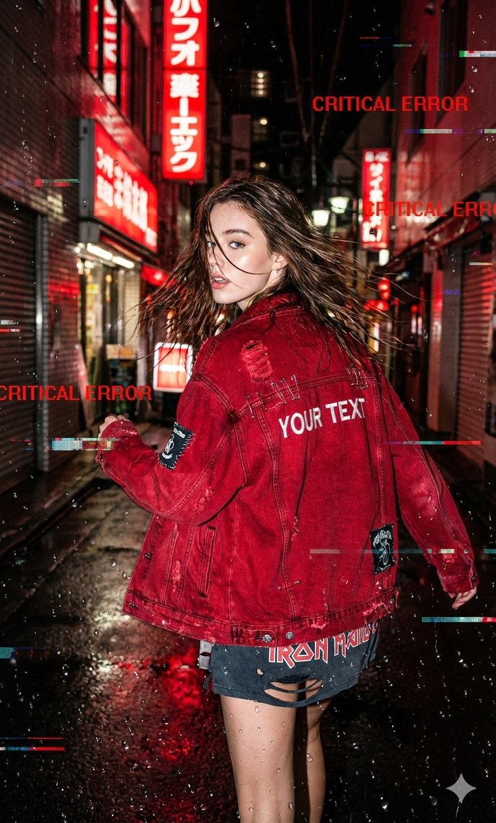 Raw cinematic street-style portrait of a woman running through a neon-lit rainy Neo-Tokyo alley with glitch effects and motion blur.