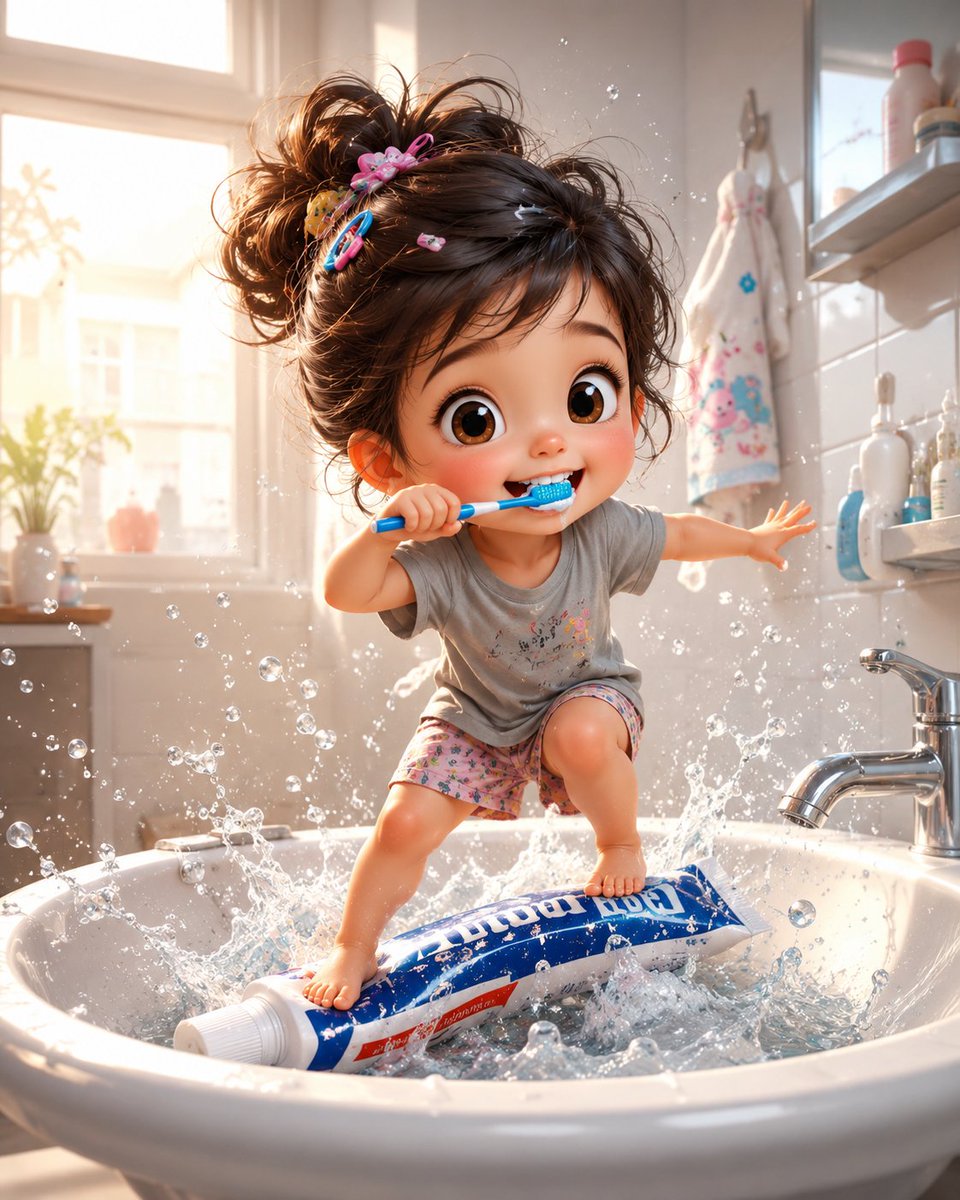 Whimsical Pixar-style 3D illustration of a toddler brushing teeth inside a bathroom sink with water splashes and soft morning light.