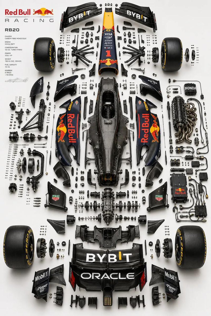 Ultra-precise exploded automotive engineering diagram showing chassis, powertrain, suspension, and components arranged in a studio-lit technical layout.