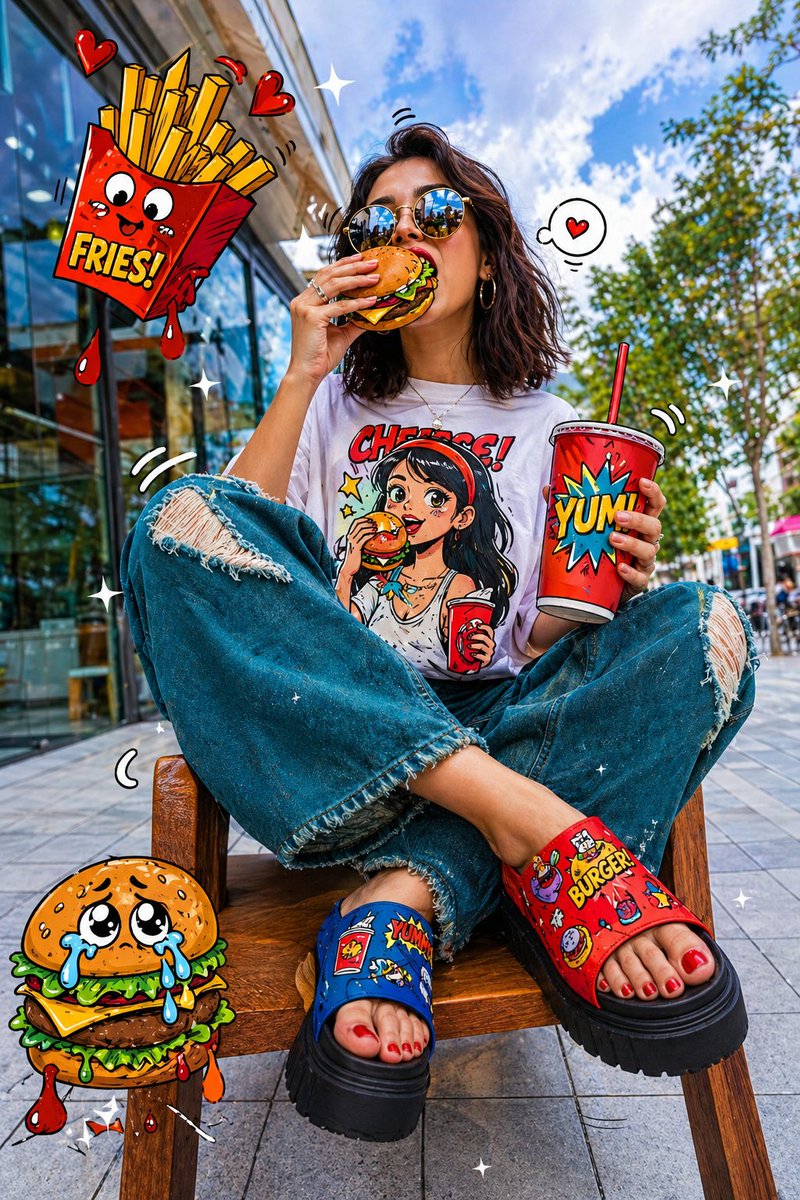 Street fashion portrait of a woman eating a cartoon burger surrounded by floating comic-style fast food illustrations in a colorful pop-art aesthetic.