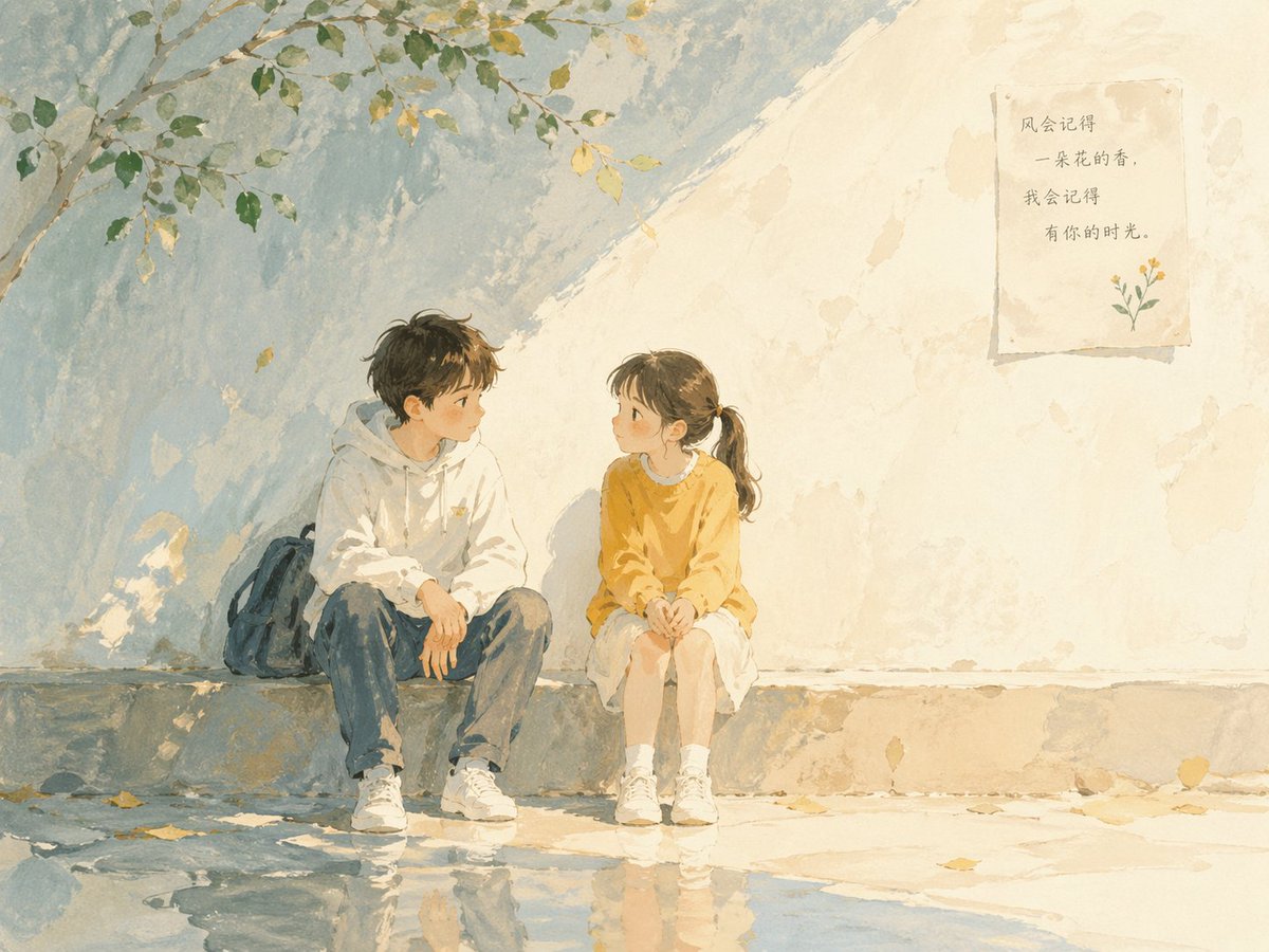 Soft watercolor illustration of two children having a calm, emotional conversation in a minimalist poetic scene.