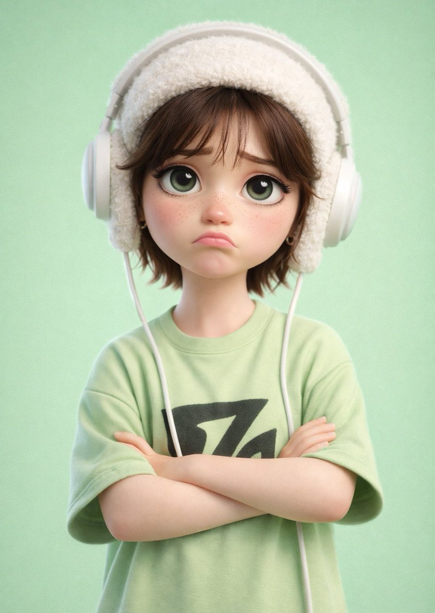 Stylized 3D Pixar-style character of a sad boy wearing a fuzzy beanie and headphones against a pastel green background.