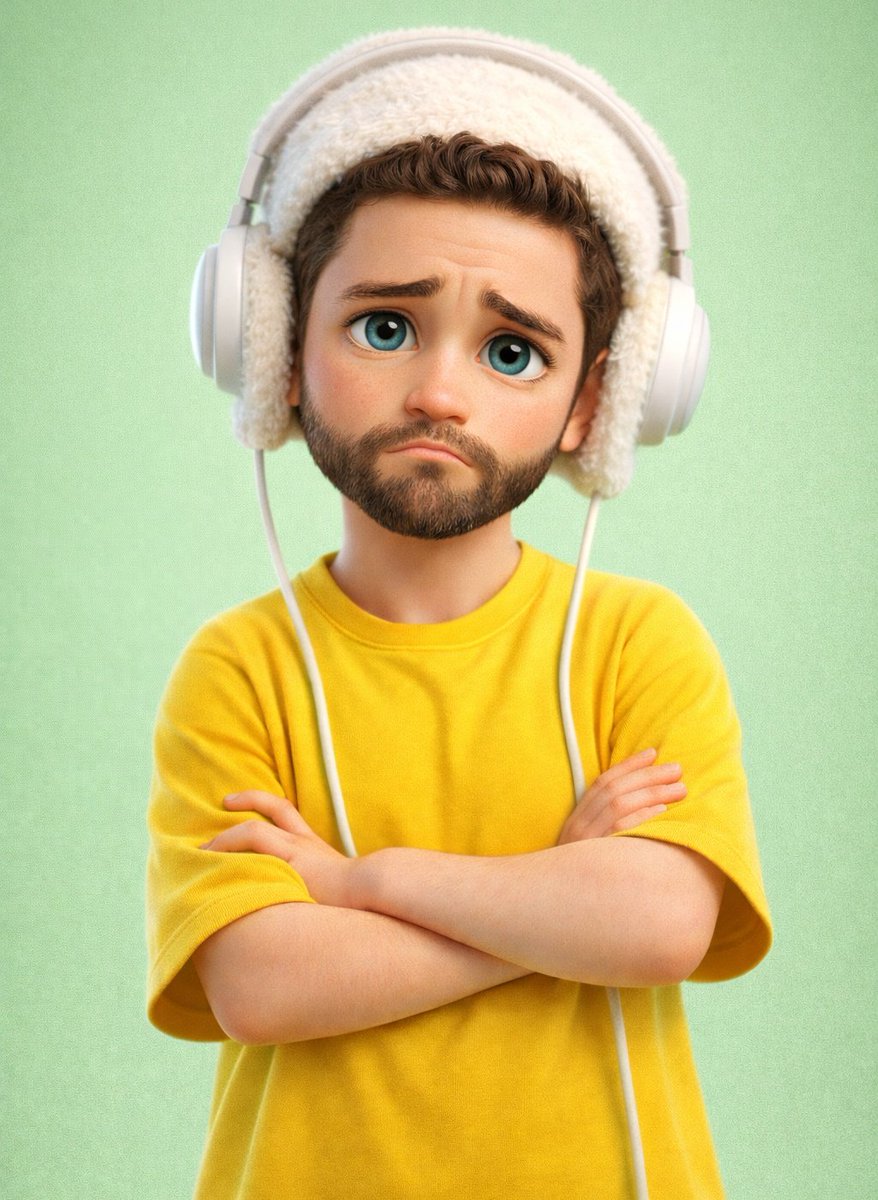 Stylized 3D Pixar-style character of a sad boy wearing a fuzzy beanie and headphones against a pastel green background. Thumbnail 2