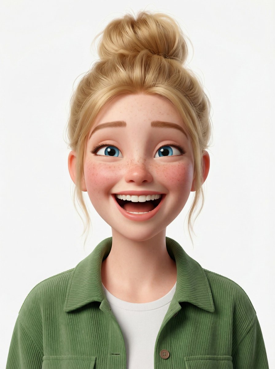Pixar-style 3D avatar of an edgy character with black bob hair, purple streak, denim jacket, and playful expression on a white background.