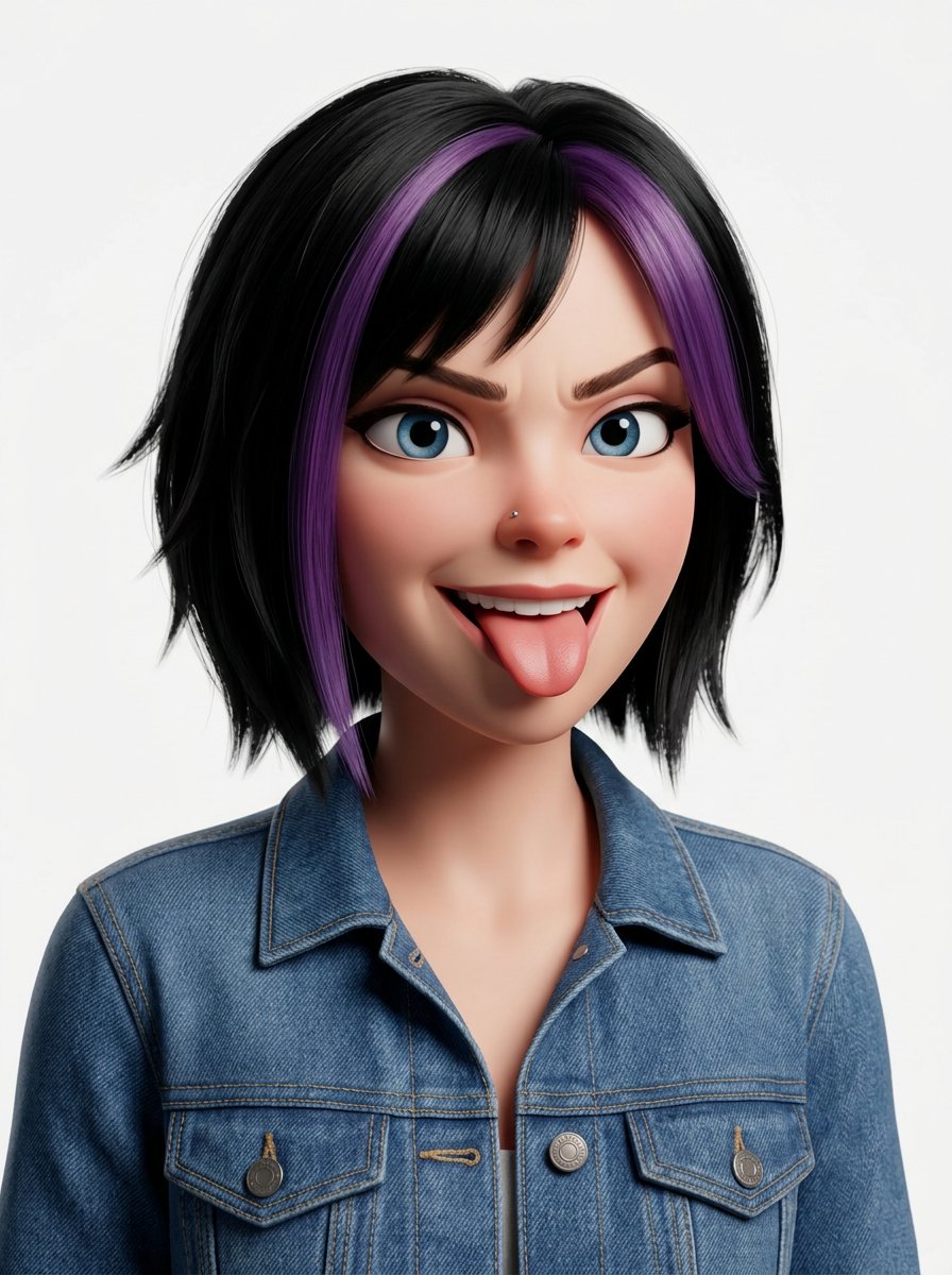 Pixar-style 3D avatar of an edgy character with black bob hair, purple streak, denim jacket, and playful expression on a white background. Thumbnail 3