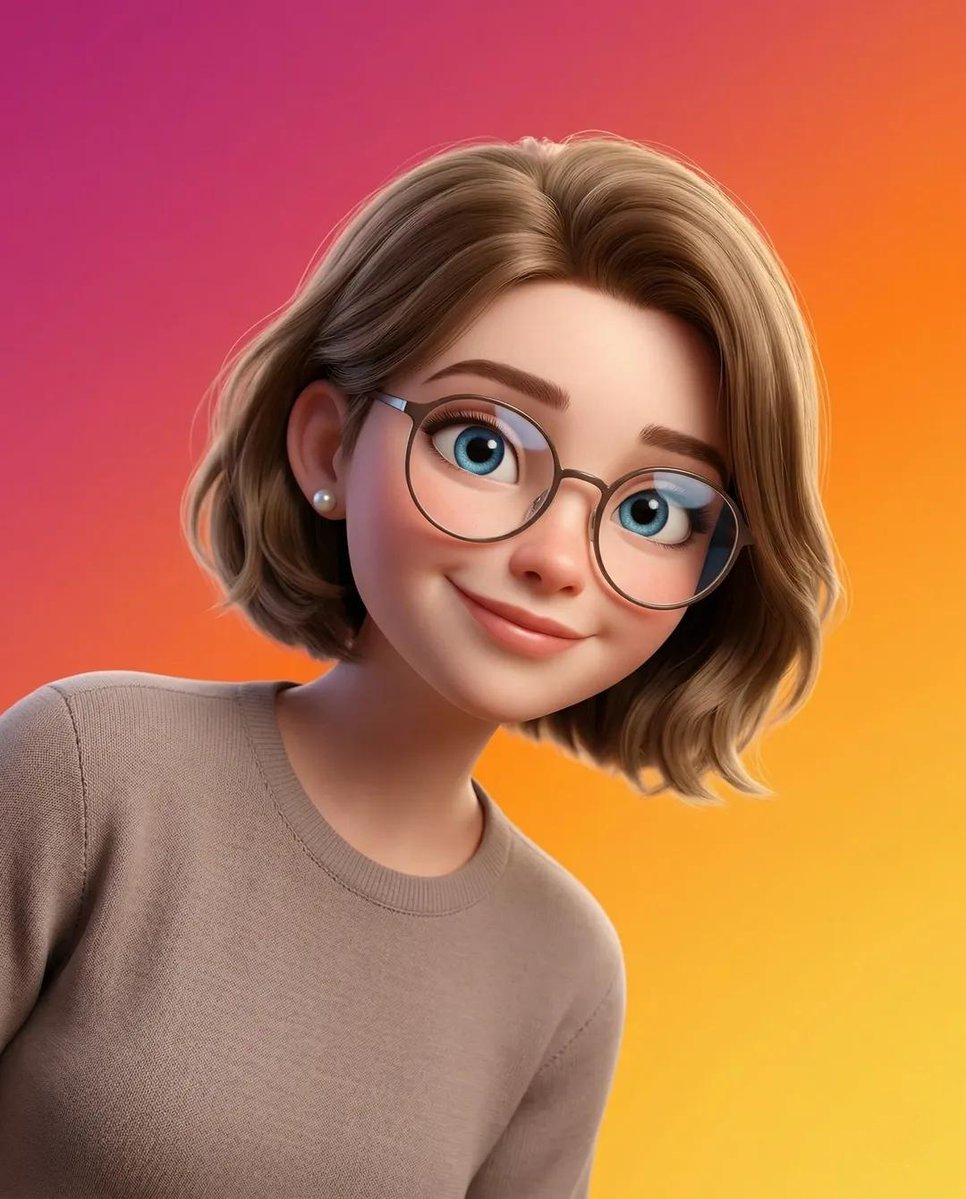 Pixar-style 3D portrait of a smiling young person with large expressive eyes, transparent glasses, and soft cinematic lighting against a vibrant gradient background.