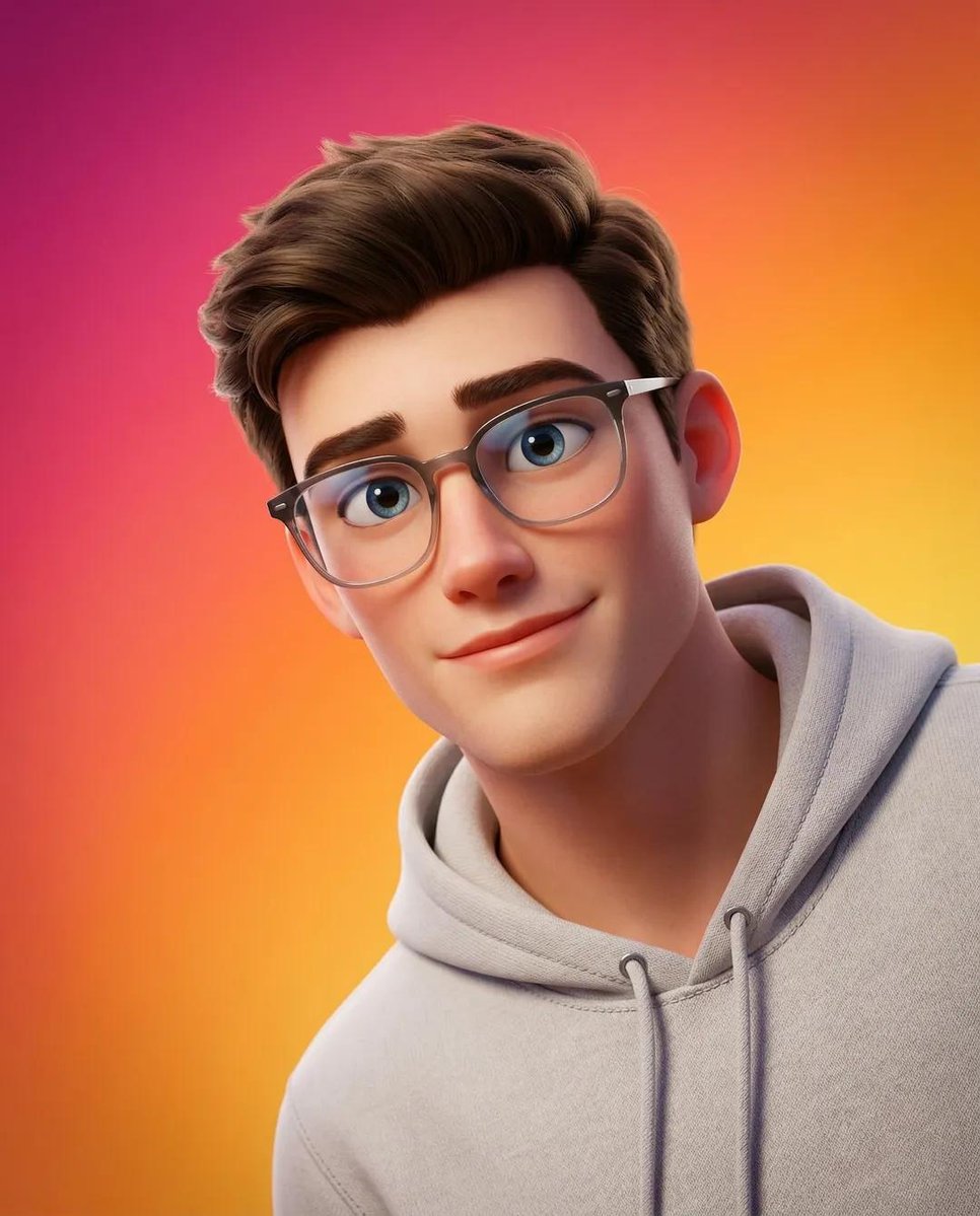 Pixar-style 3D portrait of a smiling young person with large expressive eyes, transparent glasses, and soft cinematic lighting against a vibrant gradient background. Thumbnail 2