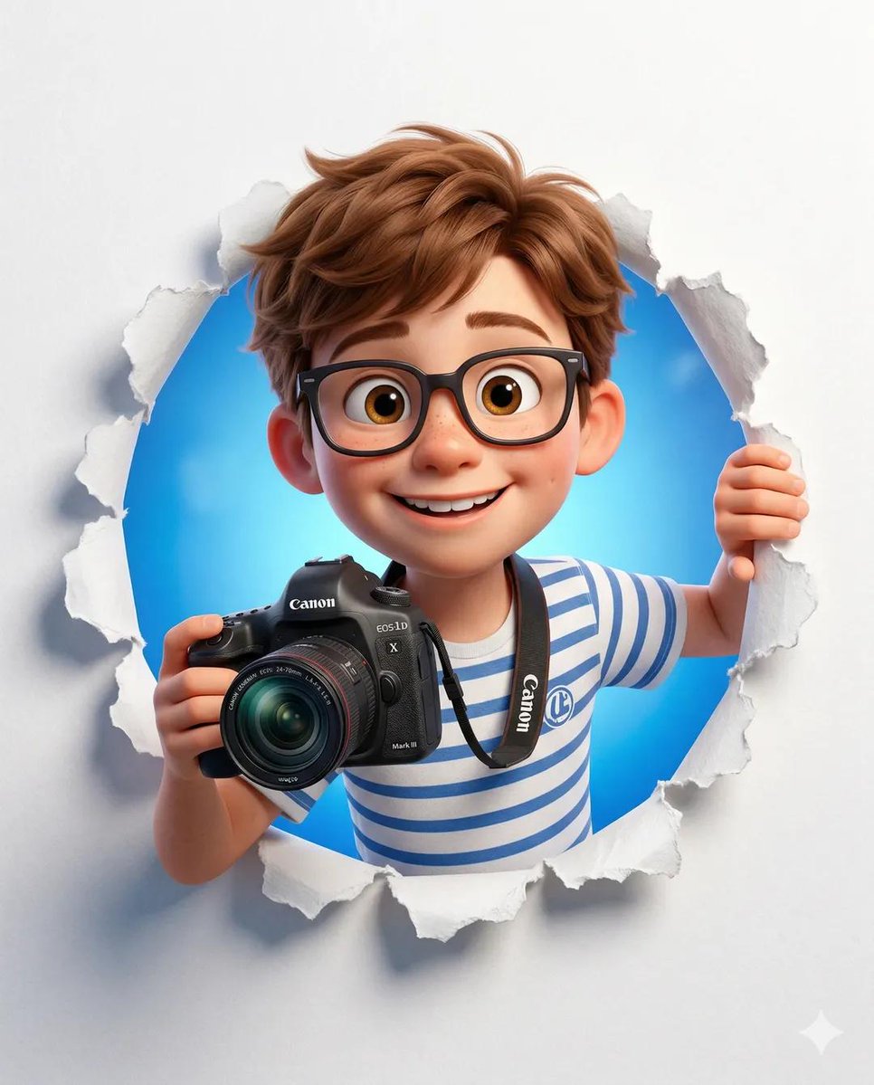 Cute stylized 3D cartoon photographer character holding a DSLR camera, emerging through a torn paper wall with a vibrant blue background behind.