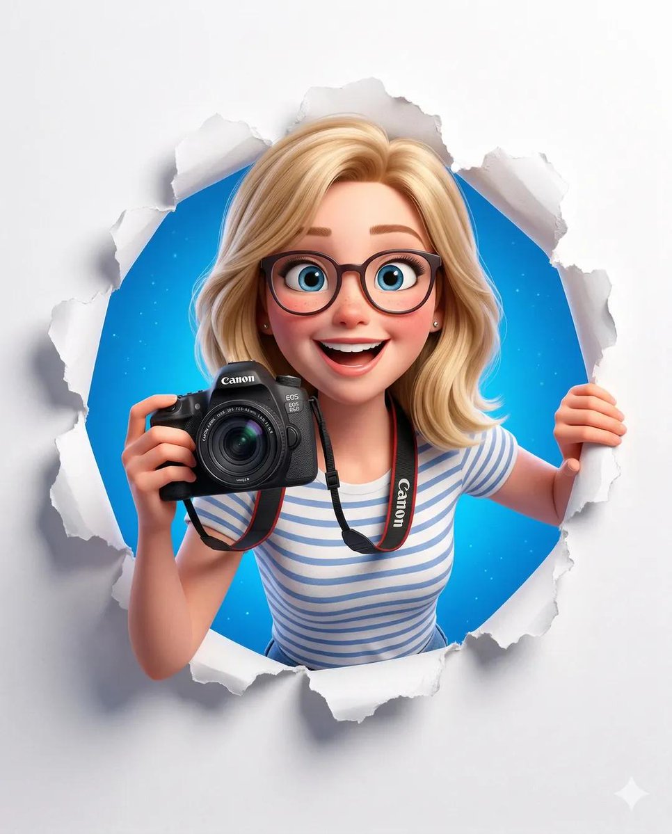 Cute stylized 3D cartoon photographer character holding a DSLR camera, emerging through a torn paper wall with a vibrant blue background behind. Thumbnail 2