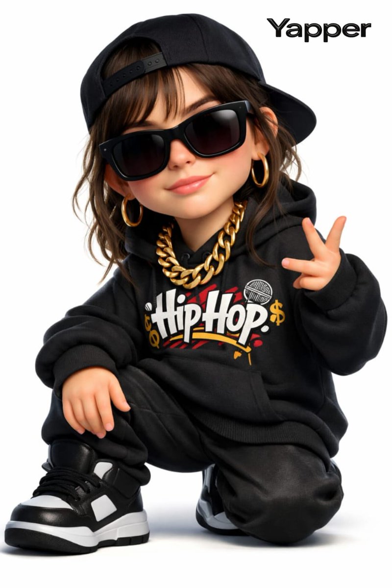 Pixar-style 3D cartoon woman in rap-inspired streetwear with oversized hoodie, sneakers, sunglasses, and chain necklace on a clean white background.