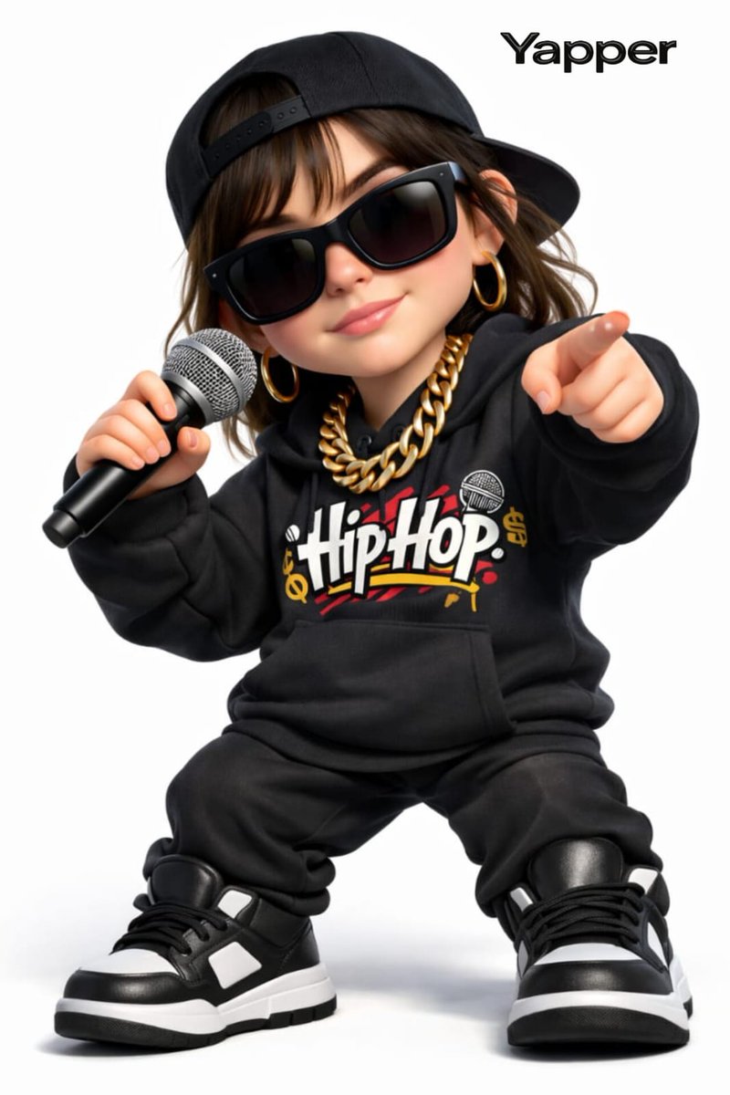 Pixar-style 3D cartoon woman in rap-inspired streetwear with oversized hoodie, sneakers, sunglasses, and chain necklace on a clean white background. Thumbnail 2