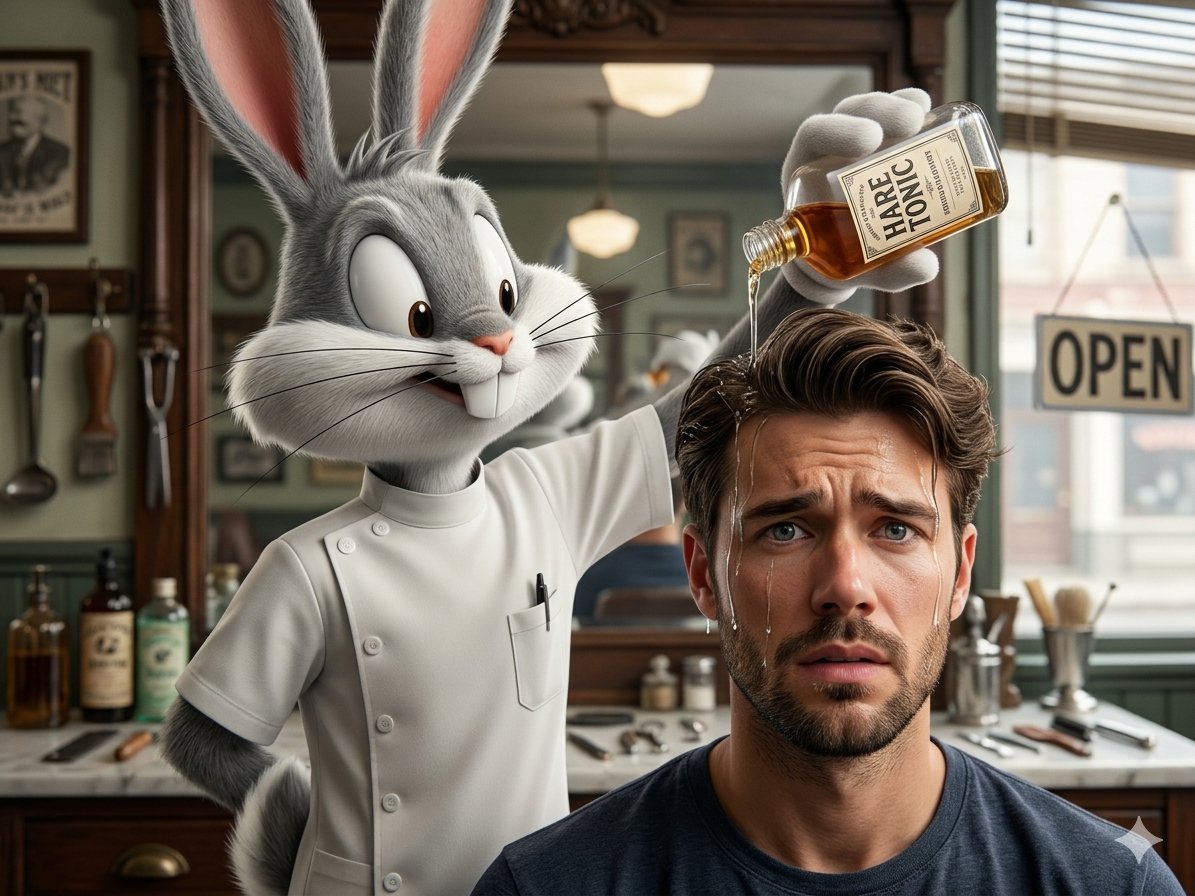 Cinematic close-up of a realistic 3D Bugs Bunny in a barber uniform pouring hair tonic on a nervous man in a vintage barbershop.