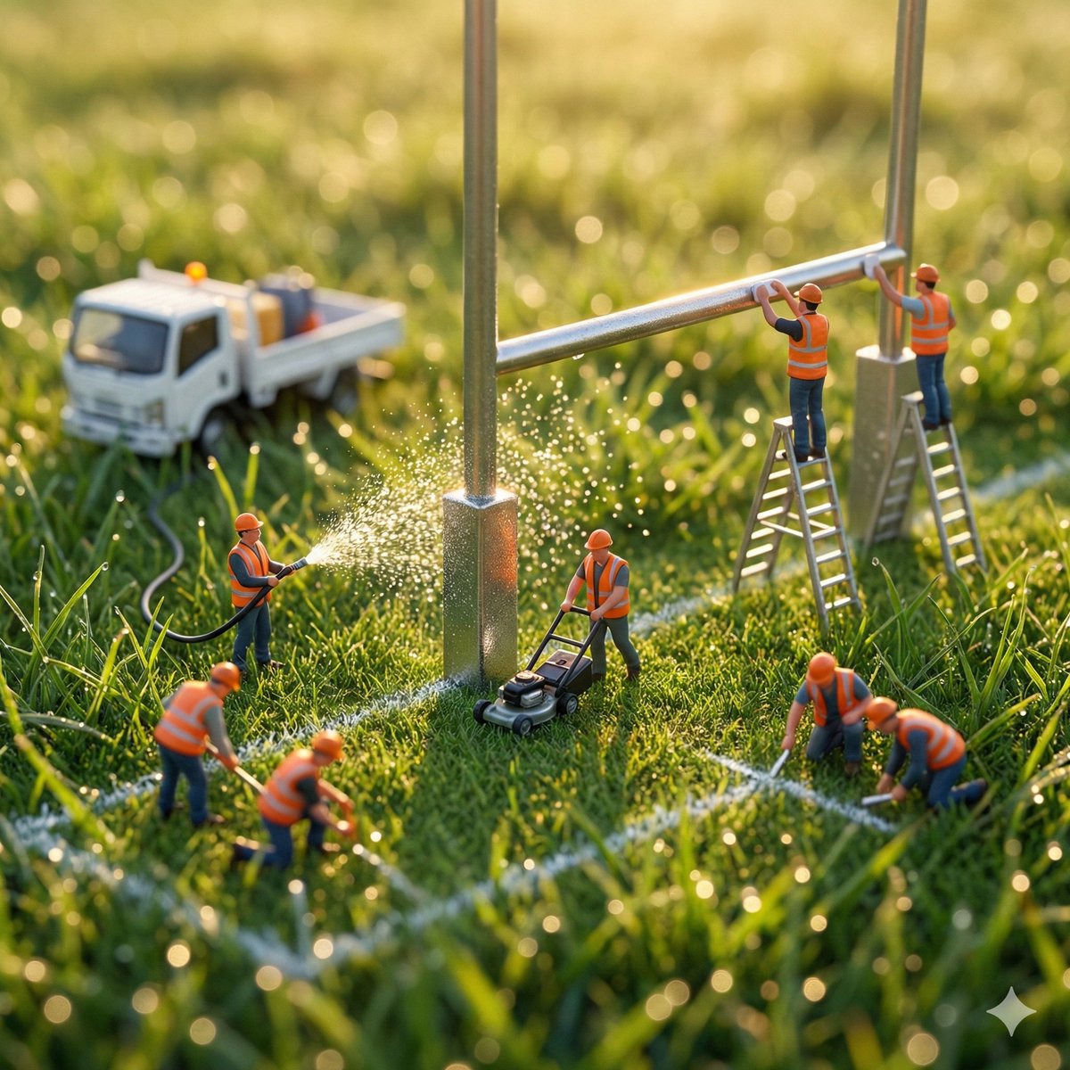 Ultra-realistic macro scene of miniature construction workers building and maintaining a rugby goalpost in a grassy field during golden hour with cinematic lighting.