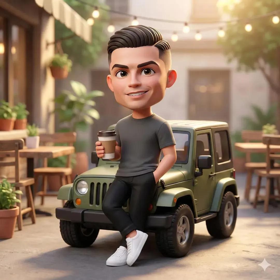Cute 3D chibi-style character leaning on a green off-road Jeep holding coffee in a cozy cafÃ© courtyard with warm golden-hour lighting.