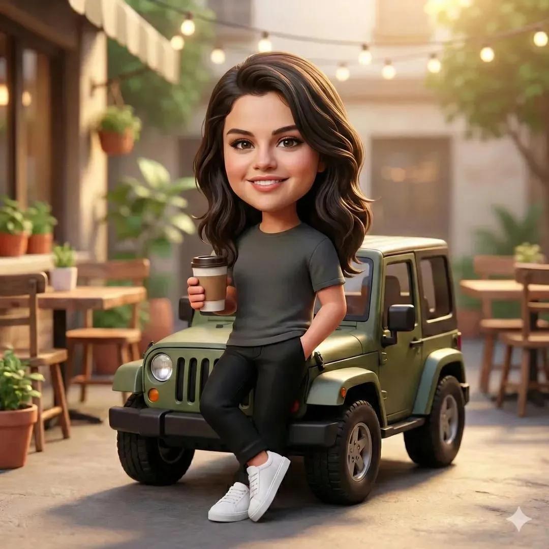 Cute 3D chibi-style character leaning on a green off-road Jeep holding coffee in a cozy cafÃ© courtyard with warm golden-hour lighting. Thumbnail 2