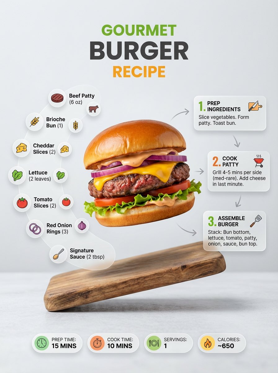 Modern recipe infographic showing a plated dish with floating ingredients, cooking steps, and nutritional badges in a clean editorial layout.