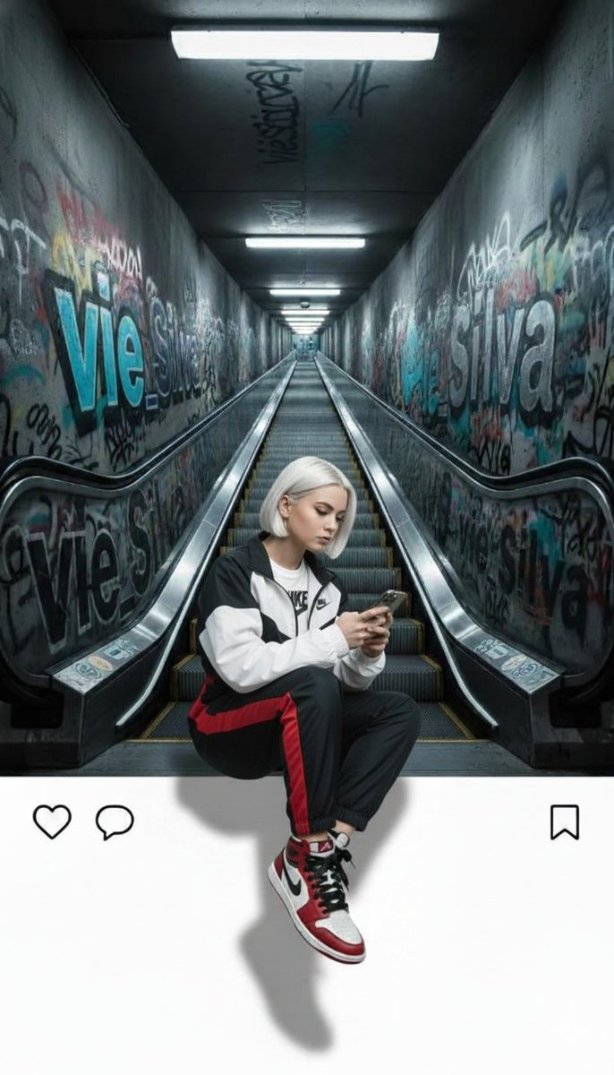 3D cinematic profile picture of a girl in Nike outfit sitting on an Instagram-style frame with a subway escalator graffiti background.