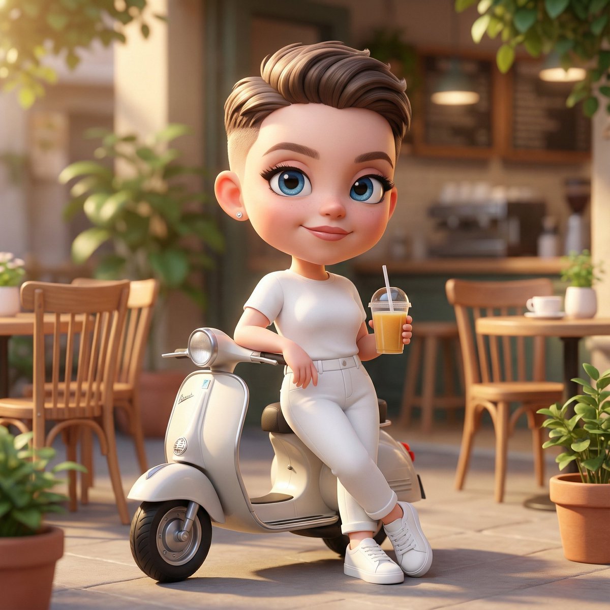 Cute 3D chibi-style character based on uploaded image leaning on a mini scooter in a cozy café courtyard with warm golden sunlight and pastel tones.