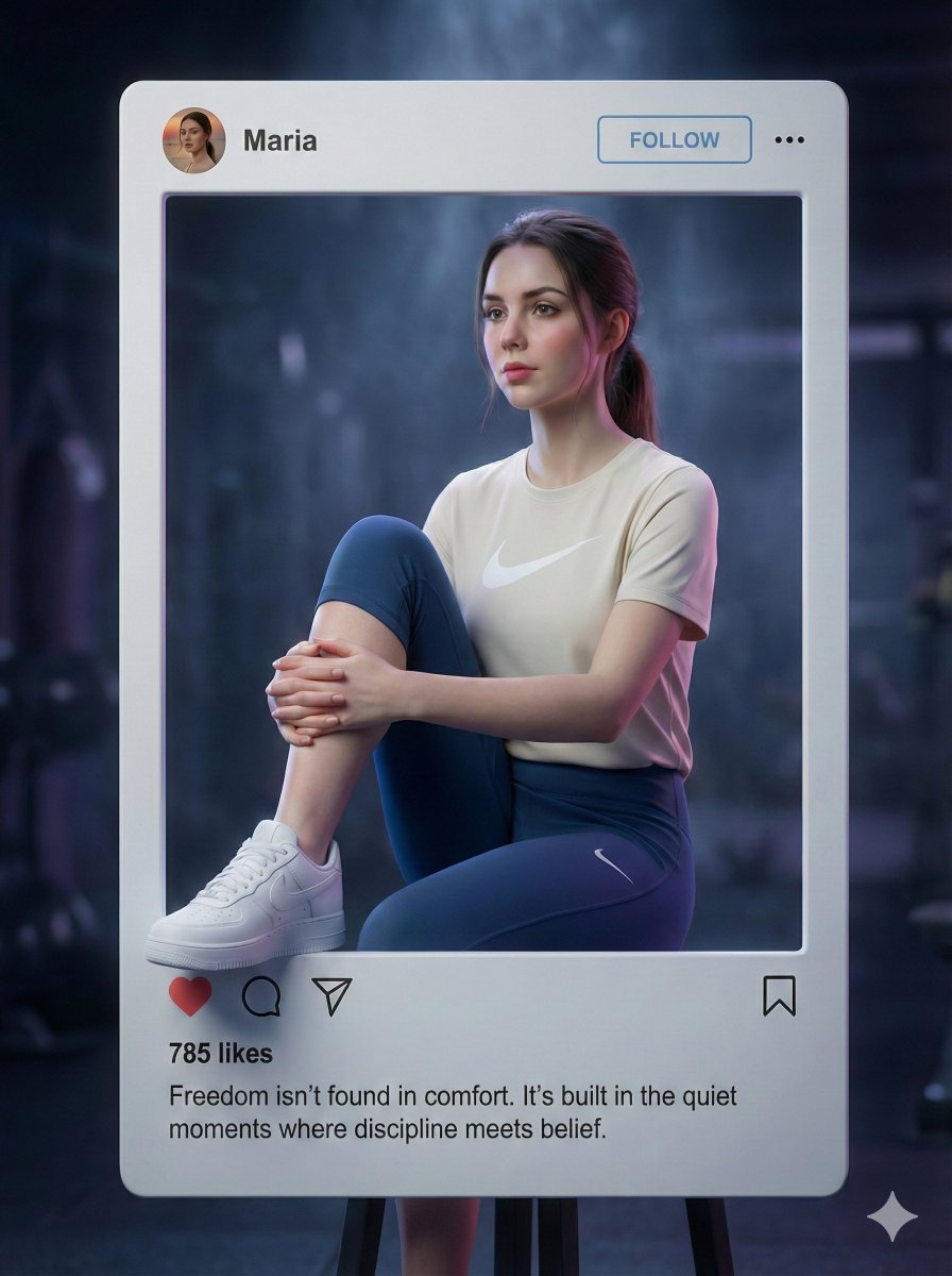 Cinematic 3D fitness portrait of a woman in a gym framed inside an Instagram-style UI with UI icons, caption, and soft dramatic lighting.