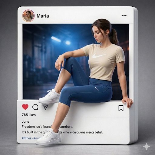 Cinematic 3D fitness portrait of a woman in a gym framed inside an Instagram-style UI with UI icons, caption, and soft dramatic lighting. Thumbnail 2