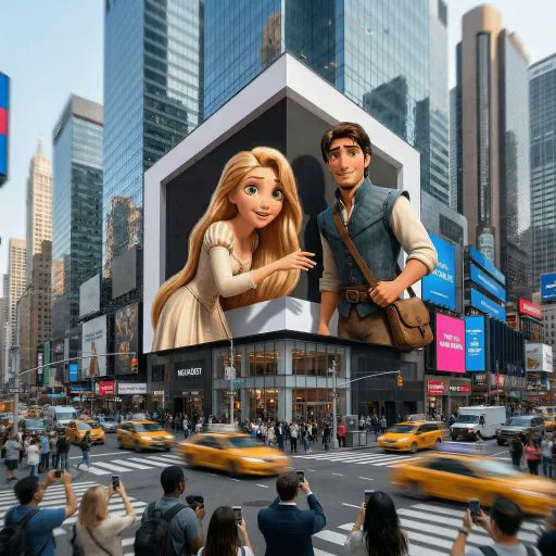 Cinematic Times Square-style city scene featuring a massive 3D LED billboard where animated characters appear to step into the real world.