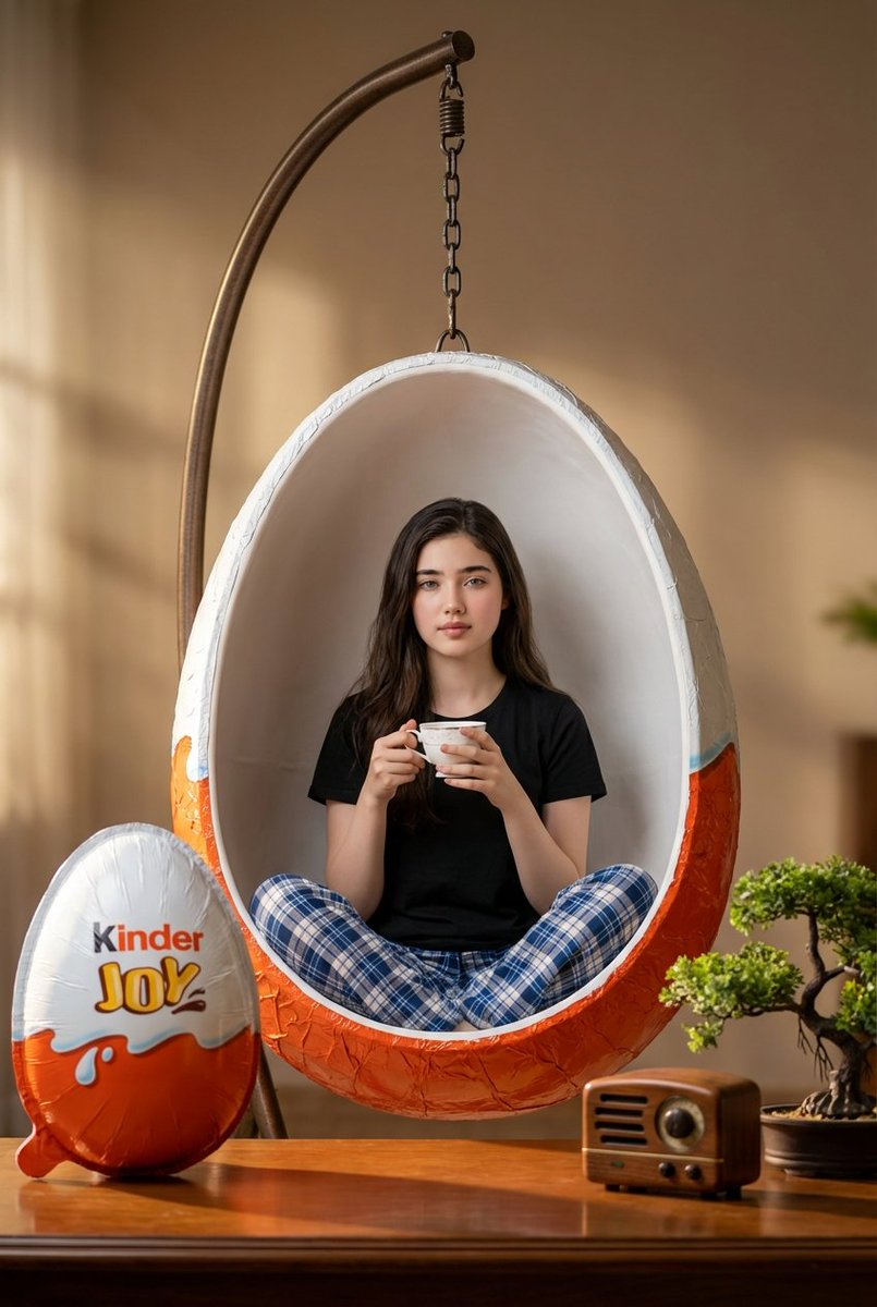 Hyper-realistic scene of a woman sitting inside a giant Kinder Joy egg swing chair in a warm cinematic indoor setting with props and soft lighting.