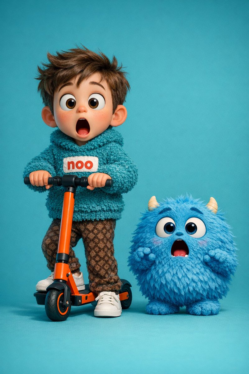 Cute 3D boy riding an orange electric scooter with a small blue furry monster, both showing shocked expressions on a clean teal studio background. Thumbnail 2
