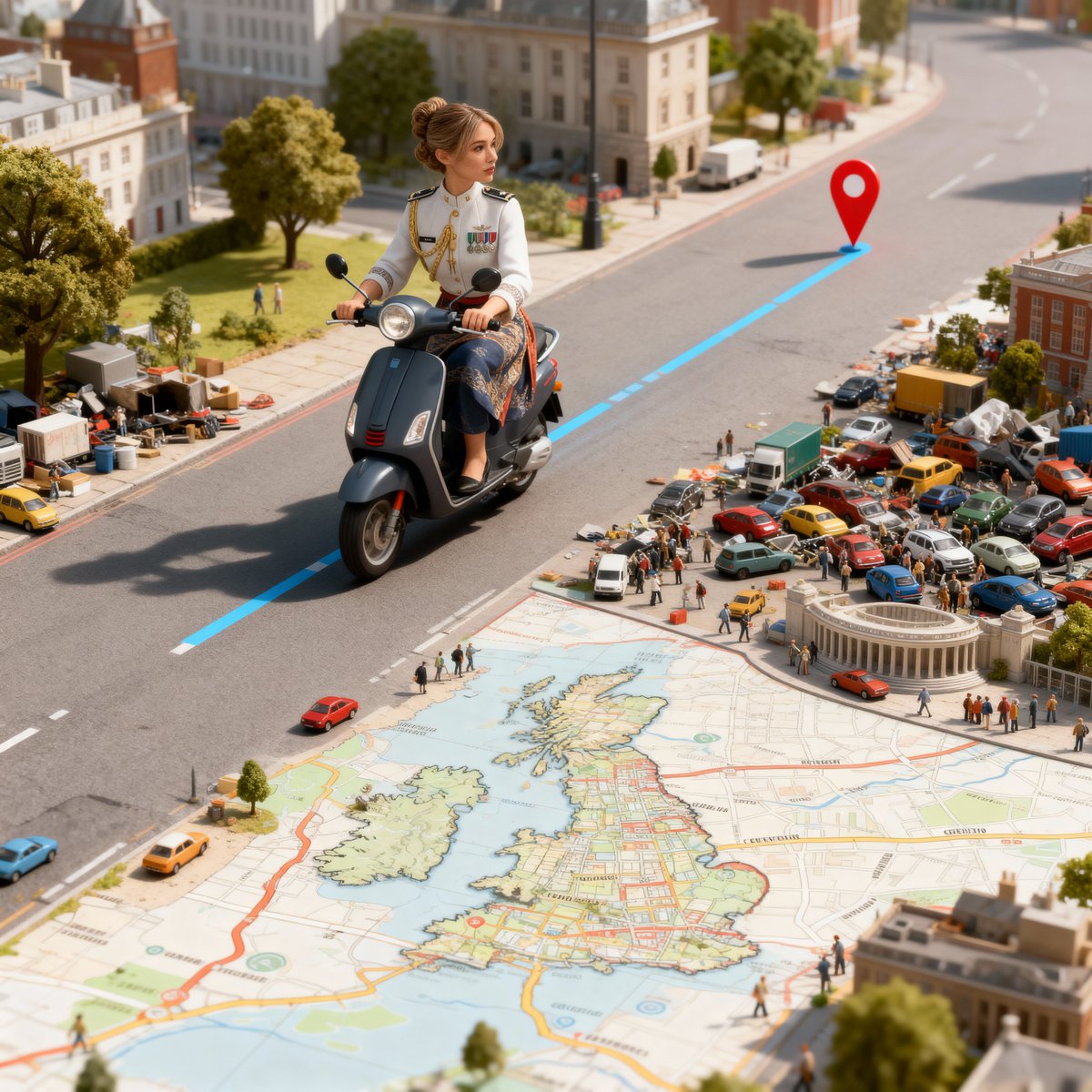 Vertical surreal scene of a realistic character riding a scooter along a GPS route over a miniature UK map toward Greenwich with cinematic lighting.