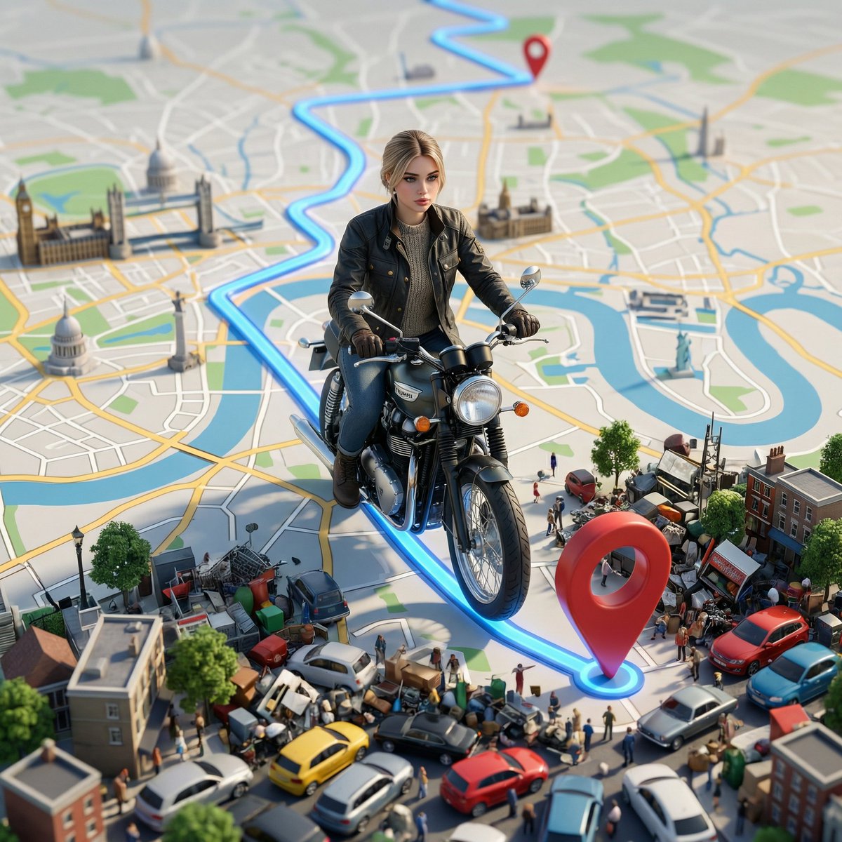 Vertical surreal scene of a realistic character riding a scooter along a GPS route over a miniature UK map toward Greenwich with cinematic lighting. Thumbnail 2