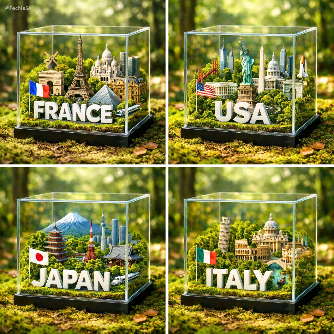 Glass cube diorama placed on a mossy forest floor showing miniature country landmarks with a bold 3D country label and flag inside.