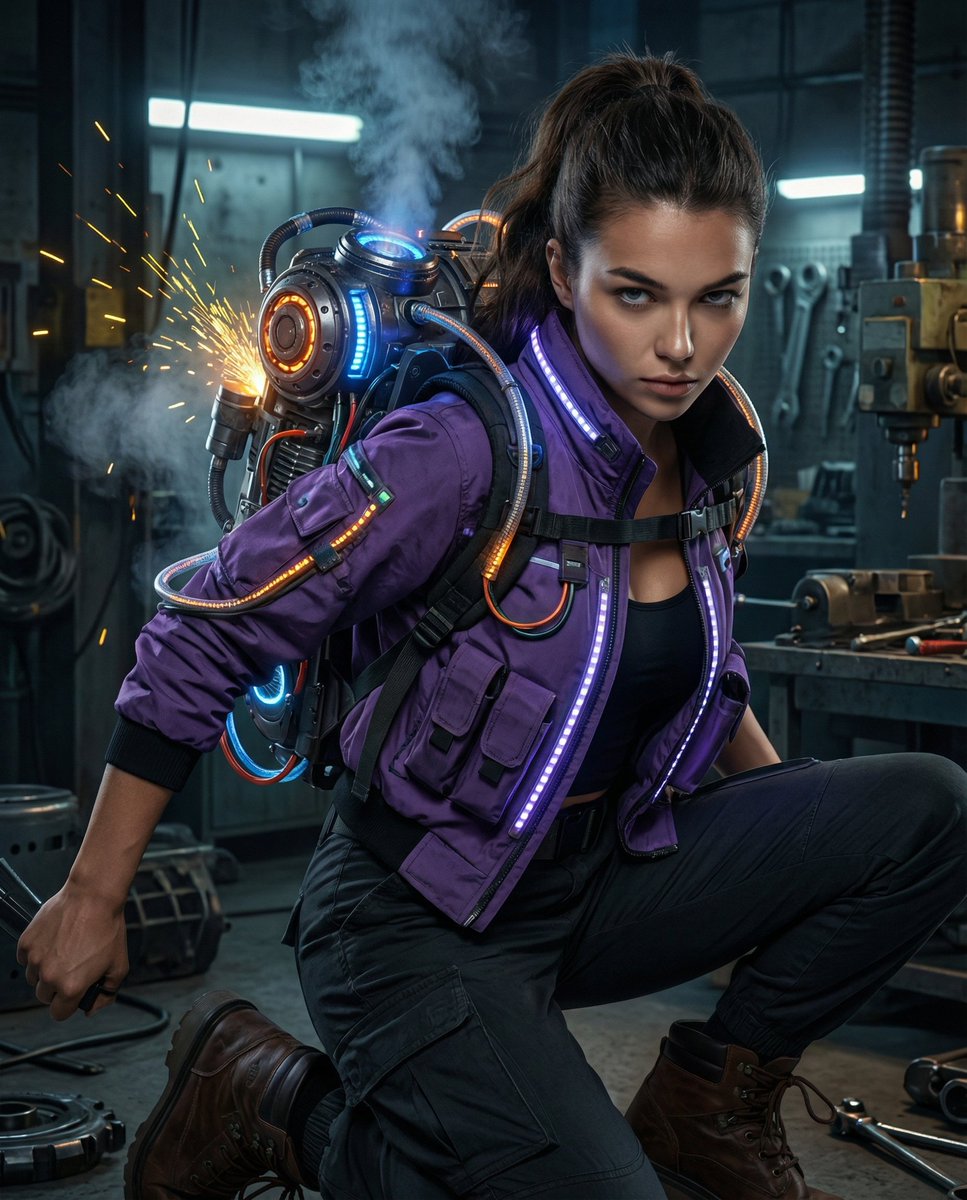 Cyberpunk female mechanic standing in an industrial workshop wearing a purple techwear jacket and massive mechanical exosuit backpack with cinematic lighting. Thumbnail 2