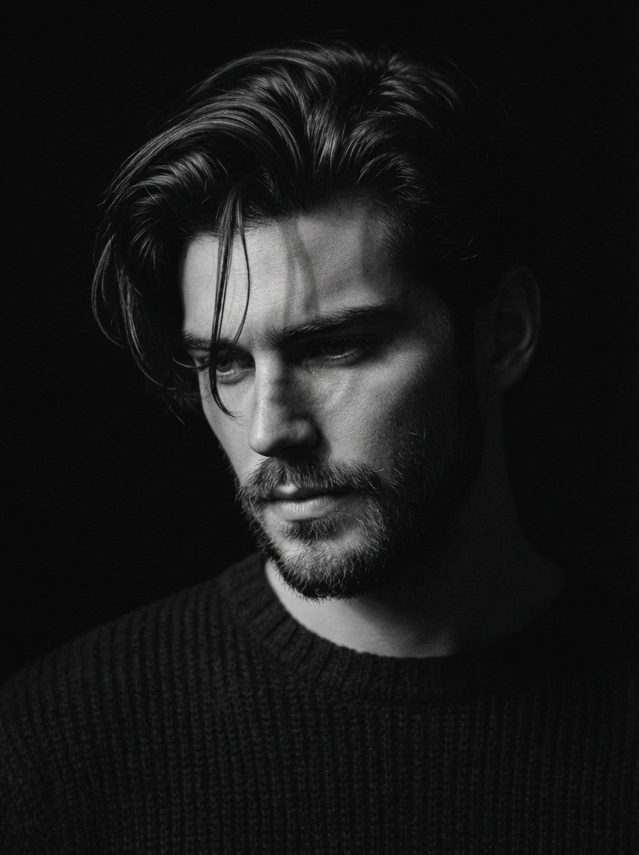 Black and white close-up portrait of a man with messy hair and beard, looking downward under a single beam of dramatic light creating deep shadows.
