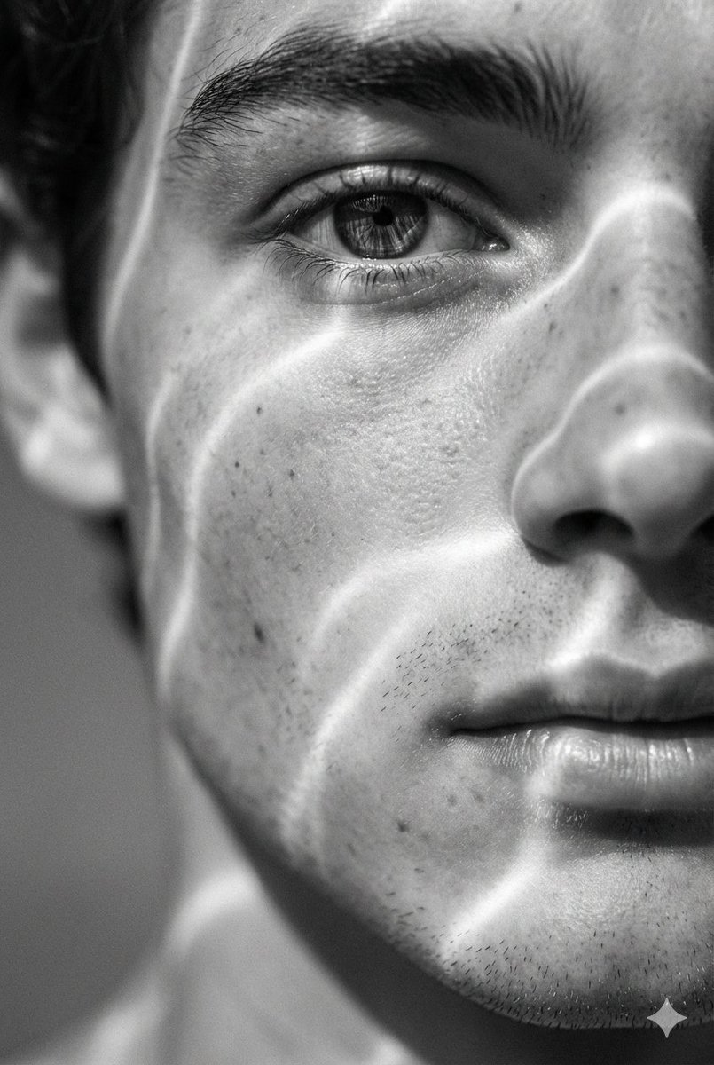 Hyperrealistic black and white macro close-up portrait of a young manâ€™s face with surreal wave-like light patterns flowing across his skin.