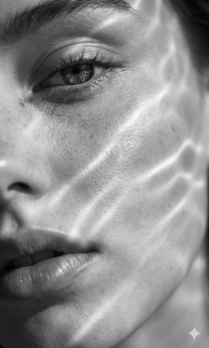 Hyperrealistic black and white macro close-up portrait of a young manâ€™s face with surreal wave-like light patterns flowing across his skin. Thumbnail 2